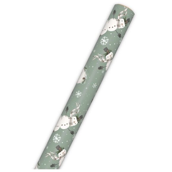 Hallmark Wrapping Paper Christmas Snowman Snowflakes on Sage 22.5 sq ft Roll - Picture 4 of 4